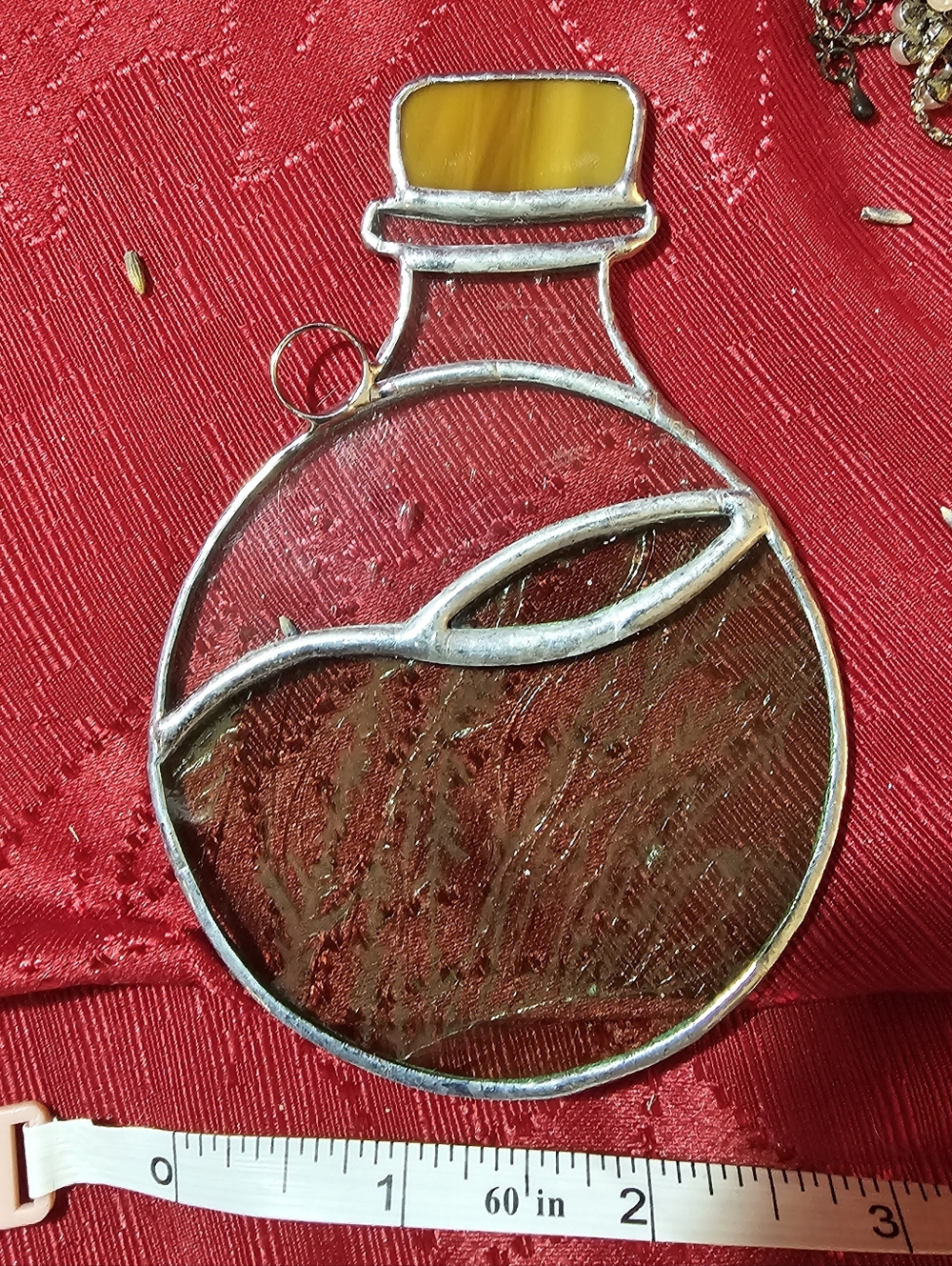 Handmade Stained Glass Round Bottle Pendant - Yellow Cap, Brown Body - Picture 4 of 4